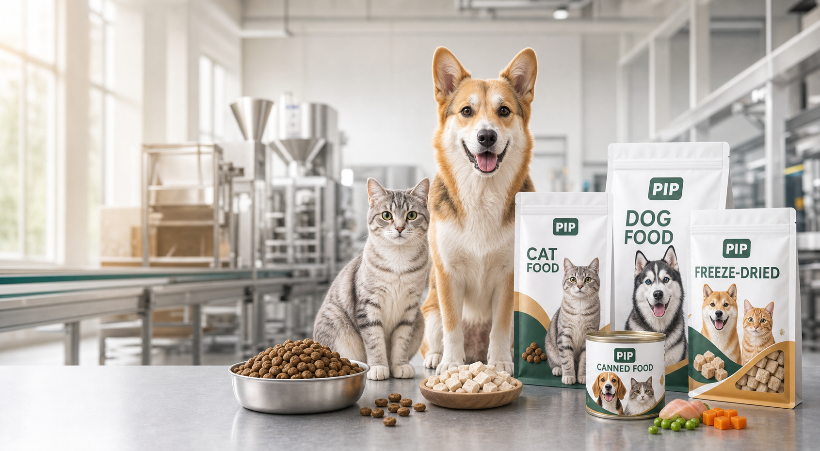 Pet food products with a dog and cat in a clean production setting